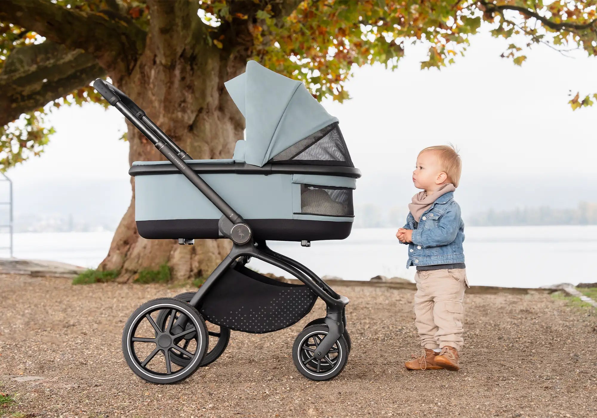 Strochenmühle Nik Kombi-Kinderwagen mit Babywanne und Kind im Freien
